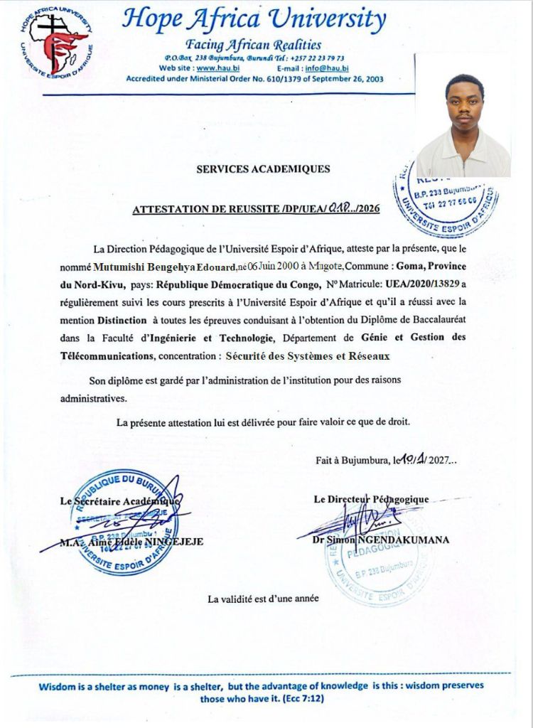 Diplôme Hope Africa University